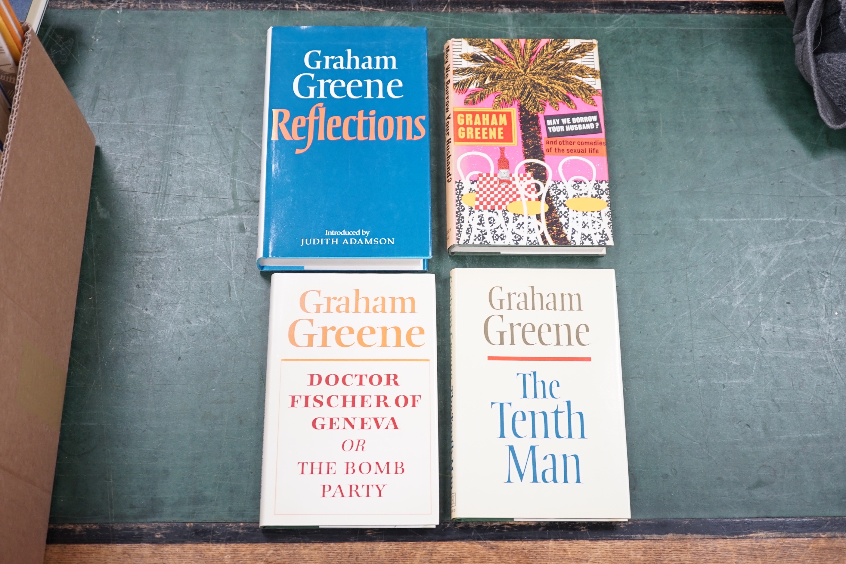 Greene, Graham - 14 works, all 1st editions, in d/j’s:- Monsignor Quixote, 1982; A Sense of Reality, 1963; Travels with my Aunt, 1969; The Tenth Man, 1985; Doctor Fischer of Geneva or The Bomb Party, 1980; May We Borrow